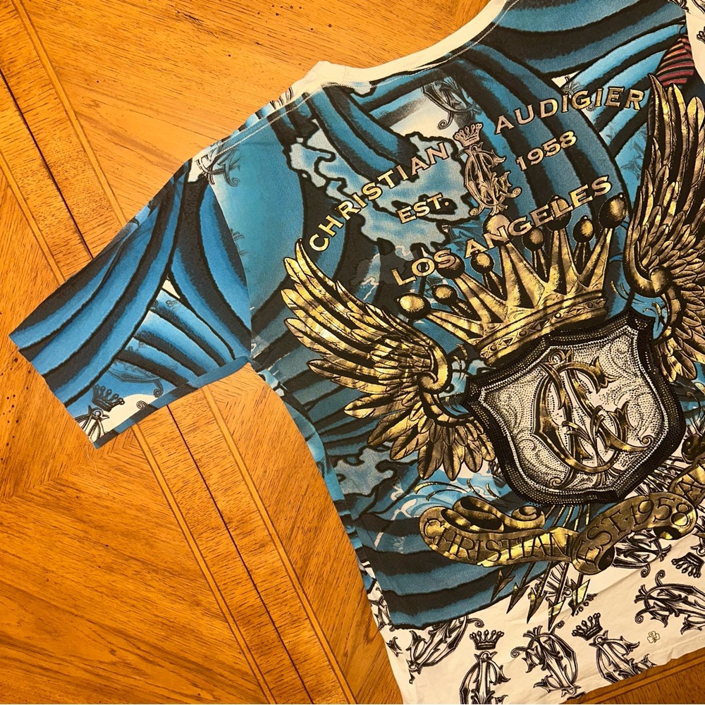 VTG Y2K Christian Audigier Shirt 2XL Skull Wings AOP Rhinestones CUT SLEEVES!